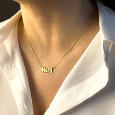 PERSONALIZED ∙ N A M E ∙ N E C K L A C E * Base Material: High-Quality Solid 925 Sterling Silver. * Finish: Sterling Silver ∙ 18K Gold (A thick layer of gold plating) * Dimensions: Depending on your font choice, height sizes range from 9 mm to 11 mm Uppercase and height sizes range from 3  mm to 7 mm lowercase. *  All our necklaces are lovingly crafted by hand, and uniquely customized  ♡ H O W ∙ T O ∙ CUSTOMIZE  ∙  O R D E R 1) Select Color 2) Select Chain length 3) Use the 'PERSONALIZATION BOX' Gold Plated Name Necklaces, Everyday Gold Nameplate Necklace, Classic Gold Custom Necklace Tarnish Resistant, Dainty Gold Name Necklace Tarnish Resistant, Tarnish Resistant Gold Plated Name Necklace For Anniversary, Anniversary Gold Plated Tarnish Resistant Name Necklace, Gold Sterling Silver Name Necklace With Polished Finish, Classic Gold Plated Name Necklace, Classic Gold Custom Necklace, Tarnish Resistant