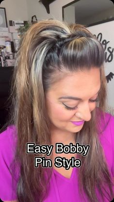 Gina Dinko | The easiest way to keep hair out of your eyes with just a handful of bobby pins! 🩷💜 #hair #hairhack #hairstyle #easyhairstyles #ginadinko... | Instagram Hair Forks Hairstyles, Hair Styles With Hair Pin, Pin Bangs Back Hairstyle, Front Bun Hairstyles, Easy Long Hairstyles Straight Hair, Pulled Back Hairstyles For Long Hair, Small Elastic Hair Ties Hairstyles, Bobby Pin Hairstyles For Short Hair, Bangs Pulled Back Hairstyles