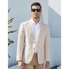 This linen suit made of hight quality cotton linen fabric, which is lightweight, breathable, soft and durable. Professional suit fabric and exquisite tailoring keeps this blazer sharp. This casual sport coat with notch lapel, regular fit, two button closure, left chest real pocket, two real side pockets, inside a real pocket, light shoulder pad. Finished by excellent stitching, this sport coat blazer has a linen texture specially designed for western men, will really make you minimalistic, elega Business Cotton Sport Coat With Button Closure, Business Casual Linen Blazer With Patch Pockets, Linen Blazer With Patch Pockets For Business Casual, Spring Cream Tailored Sport Coat, Tailored Beige Sport Coat For Business Casual, Beige Business Casual Sport Coat With Button Closure, Tailored Linen Sport Coat With Pockets, Formal Beige Linen Sport Coat, Business Casual Linen Sport Coat With Pockets