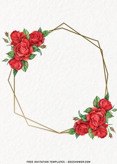 a red rose wreath with green leaves and gold geometric frame