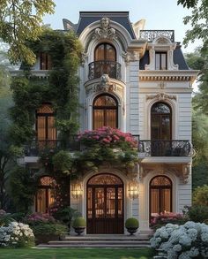 a large white house with lots of windows and flowers on the front porch, surrounded by greenery