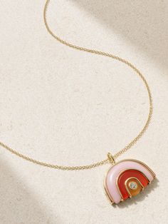 Brent Neale's 'Marianne' necklace is inspired by the work of Frank Stella - one of the founder's favorite mid-century artists. Handmade from 18-karat gold, it's strung with a rainbow-shaped pendant that's inlaid with pink opal, yellow chalcedony and carnelian. A single bezel-set diamond gives it the perfect amount of sparkle. Oval Diamond Necklace With Large Pendant, Modern Yellow Gold Necklace With Gemstone, Unique Polished Yellow Gold Necklaces, Unique Yellow Gold Necklaces With Polished Finish, Art Deco Diamond Necklace In Yellow Gold, Art Deco Yellow Gold Pendant Necklace, Yellow Gold Multi-stone Pendant Necklace, Art Deco Yellow Gold Round Necklace, Brent Neale