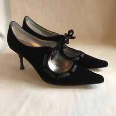 Salvatore Ferragamo "Bardwell" Evening Heels In Black Velvet With Grosgrain Satin Ribbon Trim And Dainty Bow (Over Elastic Strip). Pointed Toe With 3 Inch Glossy Black Patent Heels. Euc With Minor Wear On Soles (See Picture). Size 7.5 B Suede Court Shoes With Leather Sole For Evening, Evening Suede Court Shoes With Leather Sole, Formal Fitted Court Shoes With Heel Strap, Formal Fitted Lace-up Heels, Evening Court Shoes With Heel Tab And Round Toe, Elegant Suede Court Shoes For Formal Occasions, Elegant Formal Suede Court Shoes, Fitted Lace-up Formal Heels, Black Suede Court Shoes For Evening