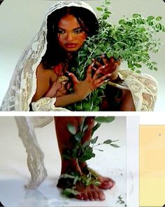 a woman in wedding dress holding flowers next to her feet and the bottom photo has leaves on it