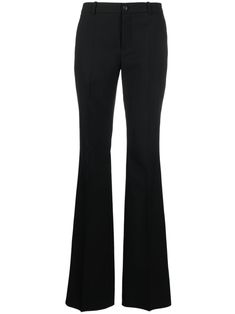 black wool tailored design high waist belt loops concealed fly and button fastening two rear welt pockets flared Versace Outfit, Flared Trousers, Tailored Design, Bell Bottom Pants, Flare Trousers, Van Cleef Arpels, David Yurman, Lady Dior, Hermes Birkin