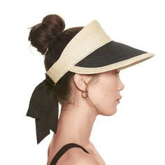 Natural vented hemp visor with black vented hemp bill and black grosgrain bow. From the Eugenia Kim Core Collection. 2.75"x 4.50" SKU: 21280-180CS Kim Core, The Curated Closet, Eugenia Kim, Luxury Accessories, Accessories Hats, Bags Designer, Luxury Fashion, Hats, Black