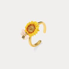 Sunflower & Bee Ring Delicate Gold Flower Ring For Spring, Gold Enamel Flower Ring For Anniversary, Gold Open Flower Ring For Spring, Gold Open Ring Flower Ring For Spring, Spring Enamel Jewelry For Gifts, Spring Enamel Jewelry As Gift, Enamel Jewelry For Spring Gifts, Spring Gift Enamel Jewelry, Yellow Gold Enamel Flower Ring Gift