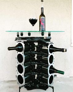 Engine Block Wine Rack // Gearhead // Steampunk // Man Cave // Bar Furniture // Repurposed Car Parts Engine Block Table, Engine Coffee Table, Photowall Ideas, Steampunk Man, Car Parts Decor, Garage Furniture, Automotive Furniture, Car Part Furniture, Car Furniture