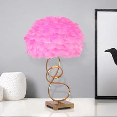 Modern Gold Reading Lamp: Spiral Metal Table Lighting With Pink Feather Fabric Shade Feather Fabric, Nordic Table, Shade Roses, Tiger Decor, Etsy Decor, Table Lighting, Spiral Shape, Lightbulbs, Metal Hanging Lights