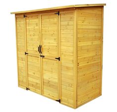 a large wooden storage shed with doors open