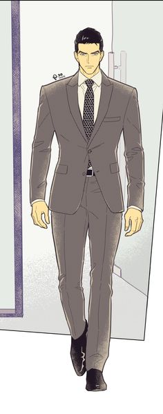 a drawing of a man in a suit walking down the street with his hands in his pockets