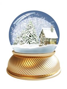 a snow globe with a small house in the middle and trees inside, on top of a gold base