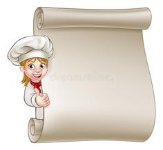 a girl chef holding a knife and pointing at a scroll on a white background illustration