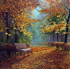 a painting of a bench in the middle of a leaf covered park with trees and leaves all around