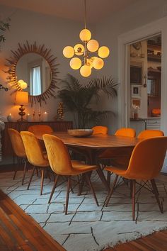 a dining room table with yellow chairs and a round mirror on the wall above it