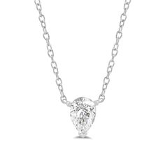 Add instant glamour to your daily wear with this pear solitaire necklace. The white gold pendant features a stylized three-prong basket securing pear-cut diamond that points downwards. This necklace delivers a subtle sparkle that can go from office to evening wear with ease. Timeless Solitaire Teardrop Pendant Necklace With Brilliant Cut, Timeless Teardrop Solitaire Necklace With Brilliant Cut, Timeless Solitaire Necklace With Teardrop Brilliant Cut, Timeless Teardrop Pendant Solitaire Necklace With Brilliant Cut, Diamond White Pear-shaped Solitaire Necklace, Pear-shaped Diamond Necklace, Classic Solitaire Teardrop Pendant Necklace With Prong Setting, Timeless Teardrop Solitaire Necklace In White Gold, White Gold Pear-shaped Solitaire Necklace With Prong Setting