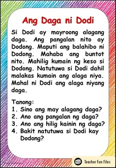 an english poem with the words ang daga ni doi in different colors and font