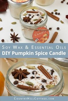 homemade diy pumpkin spice candles with cinnamon, cloves and star anise