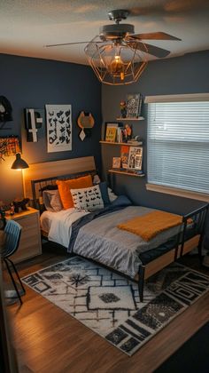 a bed room with a neatly made bed next to a window and a ceiling fan