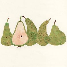 three pears, one green and one brown with spots on them are arranged in a row