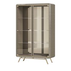 a tall cabinet with glass doors on the front and bottom shelves in beige color, isolated against a white background