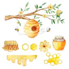 watercolor painting of bees and honeycombs on a tree branch with flowers, beehive and honey comb