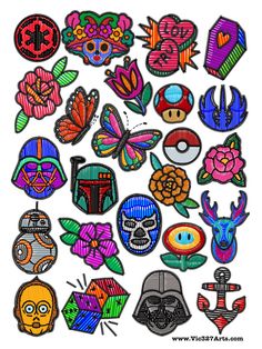 embroidered patches depicting different types of flowers and other things that are in the shape of skulls