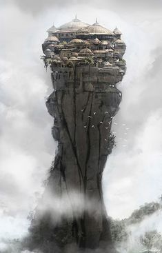 an artistic painting of a castle on top of a cliff in the sky with birds flying around