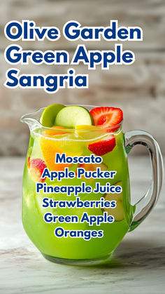 Olive Garden Green Apple Sangria Olive Garden Sangria, Grinch Sangria, Elf Themed Drinks, Green Sangria, Green Mixed Drinks, Olive Garden Apple Sangria Recipe, Green Apple Sangria Olive Garden, Olive Garden Green Apple Sangria, Olive Garden Berry Sangria Recipe