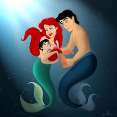 an image of a man and woman in the ocean with mermaid tails on their backs