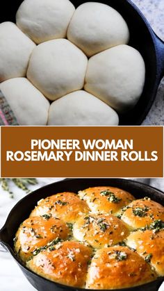 a casserole dish with bread rolls in it and the words, pioneer woman rosemary dinner rolls