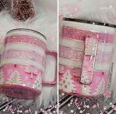 pink and white christmas themed handbag with glitter trimmings on the handles, two pictures side by side