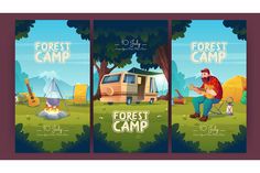 three banners for a camp site with a man playing guitar