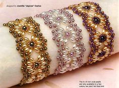 four bracelets with pearls and beads on them are shown in this ad for beading