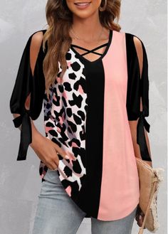 Size:S;Size:M;Size:L;Size:XL;Size:XXL;Color:Pink;Package Contents:1 X Blouse;Occasion:Other;Style:Casual; Color Block Blouse, Tops Trendy, Animal Print Outfits, Half Sleeve Blouse, Blouse White, Women Shirts Blouse, V Neck Blouse, Trendy Tops, Womens Fashion Trends