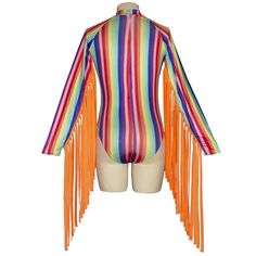 FREE SHIPPING Rainbow Stripes Women O Neck Long Tassels Sleeves Sexy Bodycon Bodysuit JKP3612 Rave Style Multicolor Bodysuit For Club, Rave Multicolor Bodysuit For Club, Trendy Multicolor Bodysuit For Club, Multicolor Bodysuit For Summer Music Festival, Multicolor Bodysuit For Spring Festival, Multicolor Club Swimwear For Spring, Multicolor Swimwear For Spring, Multicolor Swimwear For Club In Spring, Multicolor Long Sleeve Swimwear For Party