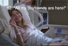 a woman laying in a hospital bed with the caption 52 all my boyfriends are here