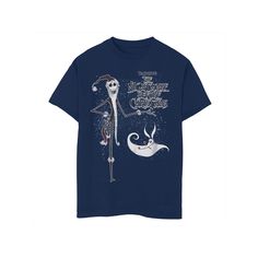 a blue t - shirt with an image of a skeleton and a cat on it