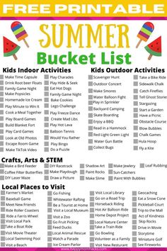 the free printable summer bucket list for kids with pictures and activities to help them get ready