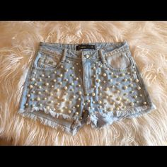 Super Cute Denim Shorts. Has Pearls With Rhinestones Attached On Pearls. New, Never Worn, Tags Attached. Size 5. Embellished Denim Blue Denim Bottoms, Trendy Rhinestone Denim Jean Shorts, Casual Denim Blue Bottoms With Rhinestones, Trendy Rhinestone Denim Shorts, Embellished Medium Wash Denim Bottoms, Summer Denim Bottoms With Rhinestones, Summer Denim Blue Bottoms With Rhinestones, Summer Denim Blue Rhinestone Bottoms, Denim Blue Rhinestones Bottoms For Summer