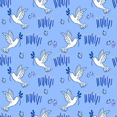 a blue background with white doves and flowers