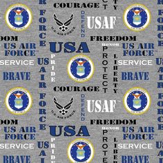 the united states air force emblems on grey fabric with blue and white letters that read,