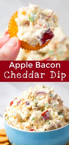 an apple bacon cheddar dip in a blue bowl with crackers