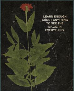 an old book with a flower on the cover and a quote written below it that reads learn enough about anything to see the magic in everything