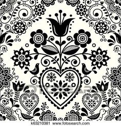 black and white floral pattern with hearts