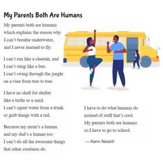 a page from the book my parents both are humans by ken n nessett, with an illustration of two people standing in front of a school bus