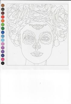 a drawing of a woman's face with roses on her head and eyes painted in different colors