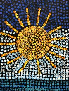 an abstract painting with circles and dots in the shape of a sun on a black background