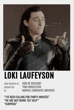 the poster for loki laufyson is shown with an image of him giving thumbs up