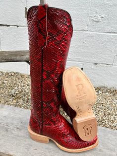 These show-stopping red python boots definitely deserve a second look! We are so excited to present these 17″ beauties from R. Watson! Heel - Cowboy Toe - Cutter Top - Python Top Color - Red & Black Vamp - Python Vamp Color - Red & Black RESTRICTIONS ON SHIPMENT OF EXOTIC BOOTS CALIFORNIA (See Cal. Penal Code § 653o(a)). Python Boots, Black Python, Western Store, Cowgirl Western, Cowboy Boots Women, Western Cowgirls, Beautiful Boots, Western Cowgirl, Boots Women